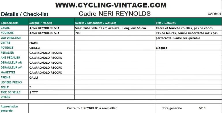 Used NERI CADRE NERI REYNOLDS 531 + CAMPAGNOLO RECORD Frameset 1970 Road & Gravel — image 10 of 10