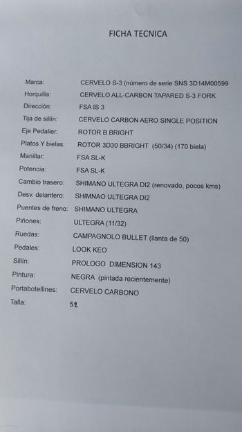 Cervélo, SERIE S/N; SNS 3D14M00599   (AÑO 2.015)