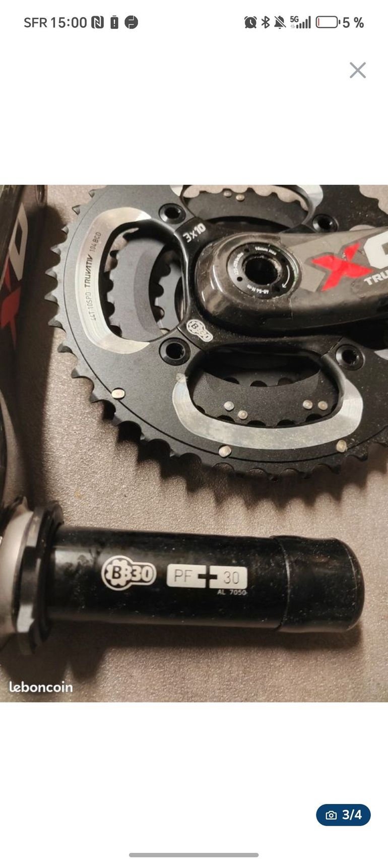 Used Sram XO 3x10 Crank 175mm BB30 44/33/23 bike — image 3 of 4