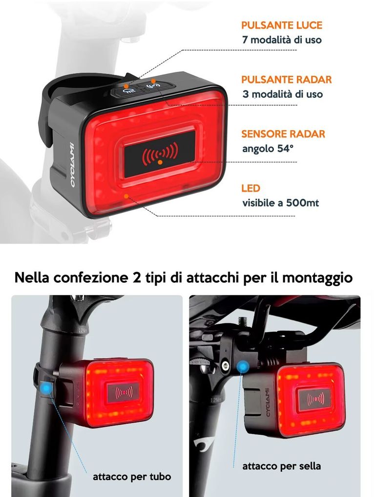 Used CYCLAMY Fanale Posteriore Radar per Bici freno a onde millimetriche super luminoso CYCLAMI bike — image 2 of 3
