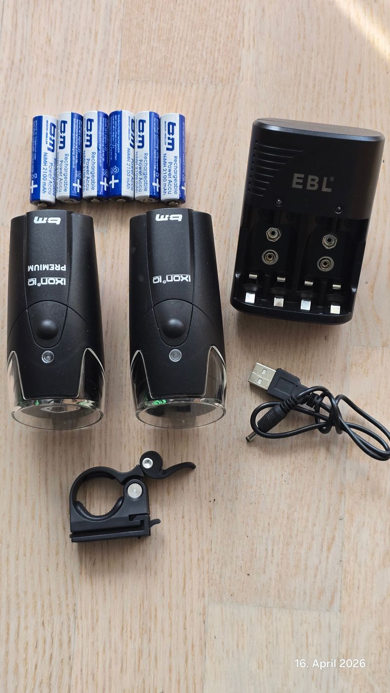 Used Busch Ixon Premium Bicycle Lights with Mount + Power Deck Battery + EBL Charger Cycling Accessories