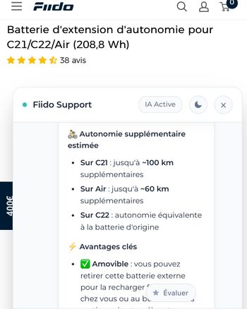 Used Fiido Extension Battery 208 Wh 36V compatible vélo air carbone /velo C21 / velo C22 2025 bike — image 2 of 6