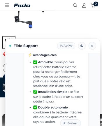 Used Fiido Extension Battery 208 Wh 36V compatible vélo air carbone /velo C21 / velo C22 2025 bike — image 3 of 6