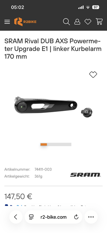 Used Sram Rival DUB AXS Powermeter Upgrade E1 linker Kurbelarm 170mm 2026 bike