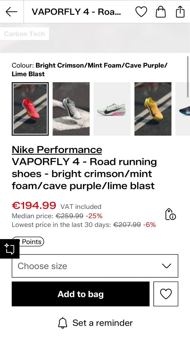 Used Nike ZoomX Vaporfly 4 – Bright Crimson / Mint Foam – Size EU 44 2025 bike — image 2 of 3