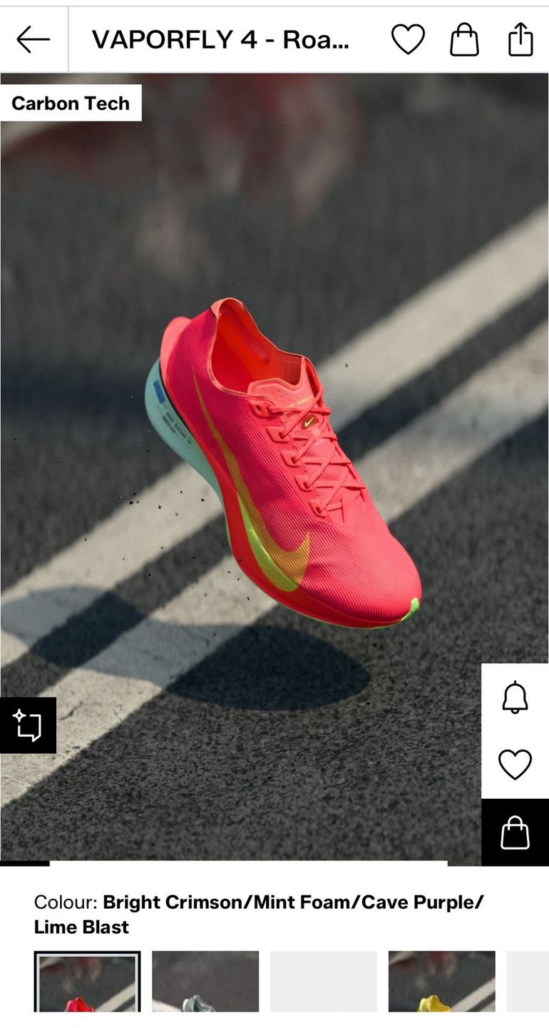 Used Nike ZoomX Vaporfly 4 – Bright Crimson / Mint Foam – Size EU 44 2025 bike — image 1 of 3
