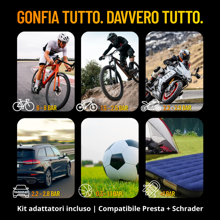 Käytetty AirgoBike Mini Pompa Elettrica Tascabile Compressore per Bici, Auto, Moto FINO A 9 BAR (120psi) bike — kuva 6 / 17