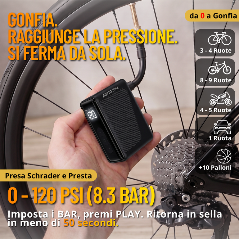 Käytetty AirgoBike Mini Pompa Elettrica Tascabile Compressore per Bici, Auto, Moto FINO A 9 BAR (120psi) bike — kuva 3 / 17