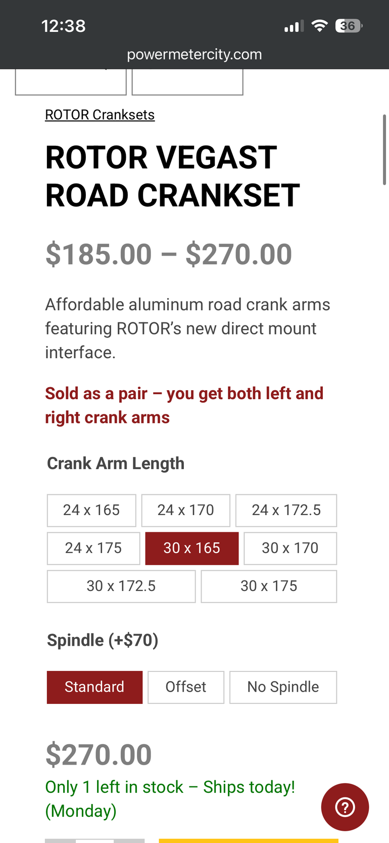 Used Rotor Crank 165mm + Spindle bike — image 3 of 4