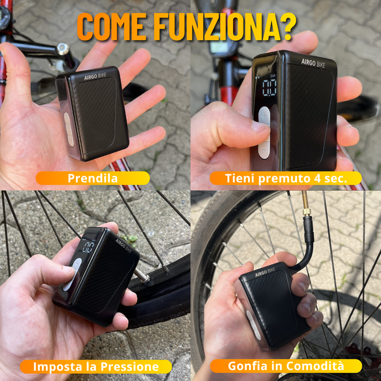 Použité AirgoBike Mini Pompa Elettrica Tascabile Compressore per Bici, Auto, Moto FINO A 9 BAR (120psi) bike — obrázek 10 z 14