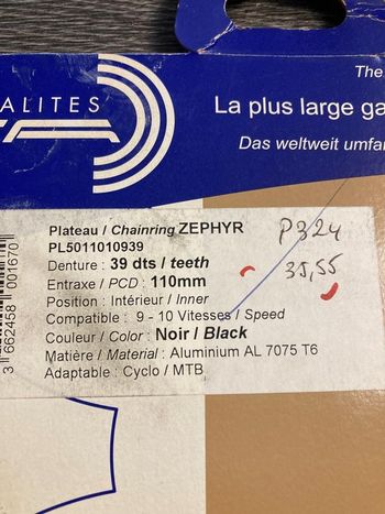 Used Spécialités T.A. Plateau Specialites TA 39 dents 110 mm 9-10 vitesses Zephyr bike — image 2 of 4